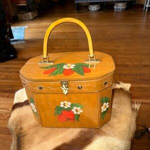 Bentwood handcraft wood octagon  purse sewing box decoupage 1960’s MCM retro